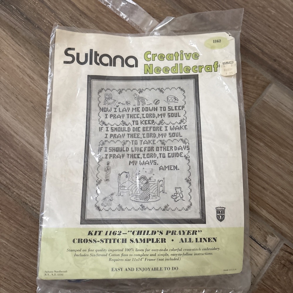 Sultana Cross Stitch Kit- Child's Prayer Sampler #1162 - Linen- 11" x 14"